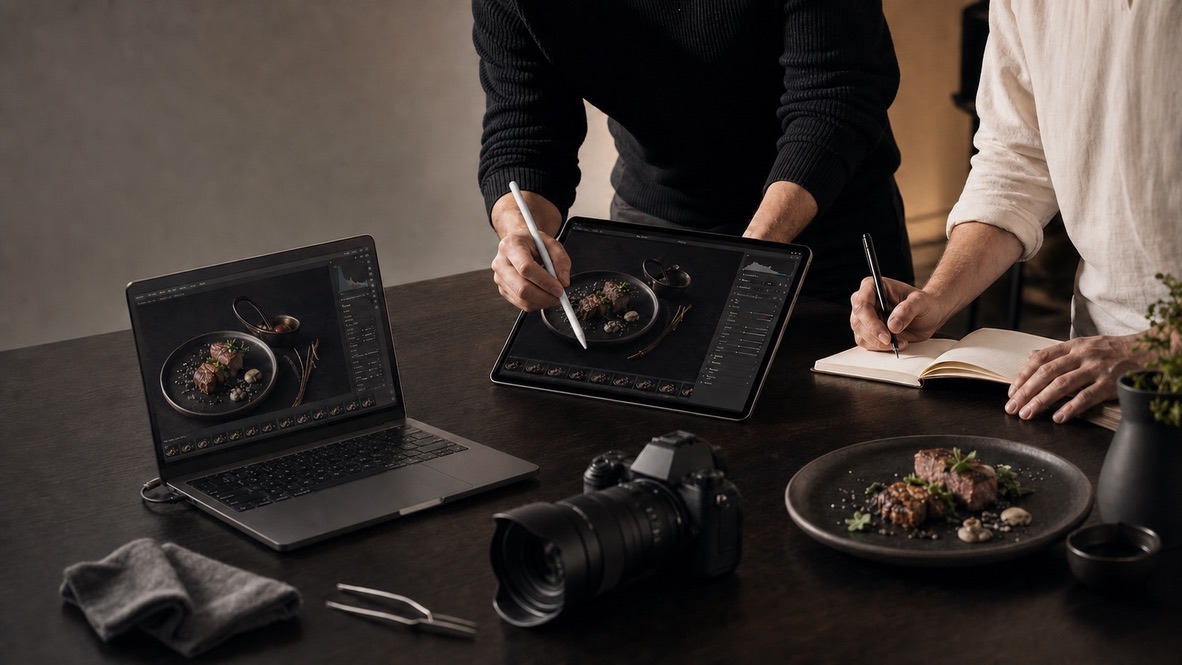 Mentoría creativa individual revisando fotografía gastronómica en un estudio