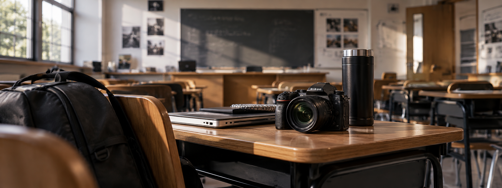 Cámara Nikon, laptop y mochila sobre un pupitre en un salón de fotografía